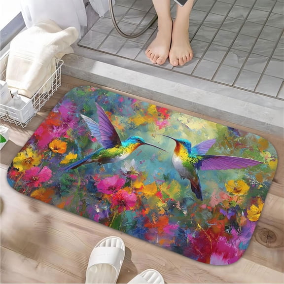 1pc Hummingbirds among Flowers Absorbent Non-Slip Bathroom Thickened Flannel Rug Decor,Soft,Quick Drying,Suitable For Indoor/outdoor Use,Bathrooms,Bedrooms,Kitchens,Terrace,Laundry Rooms,16"x24"