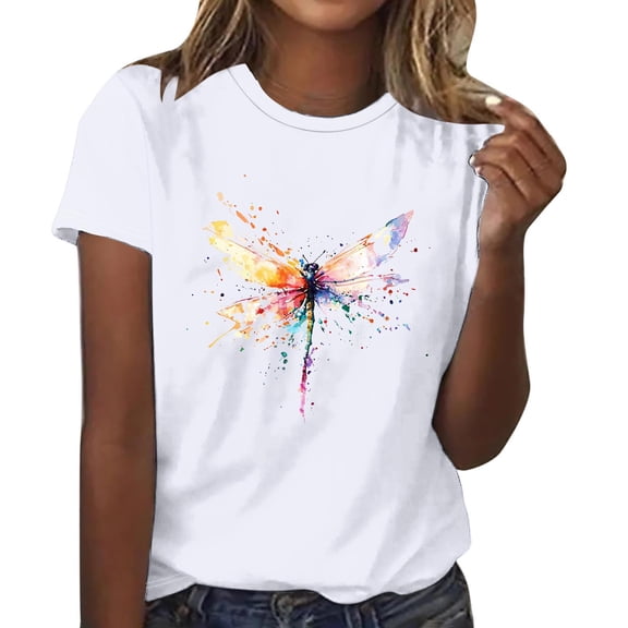 Sexlip Women's Dragonfly Print Short Sleeve T Shirt Cute Design Lightweight Material Daily Casual Wear White L