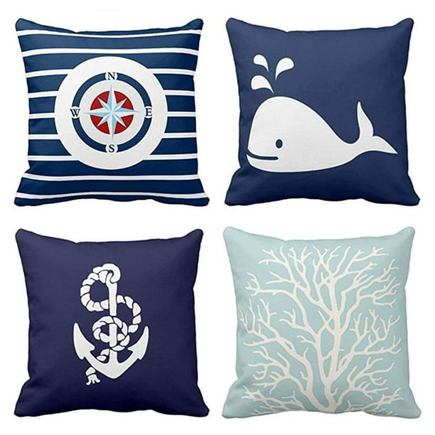 SUFAM Set of 4 Pillow Cases Blue White Nautical in Navy Stripe Pattern
