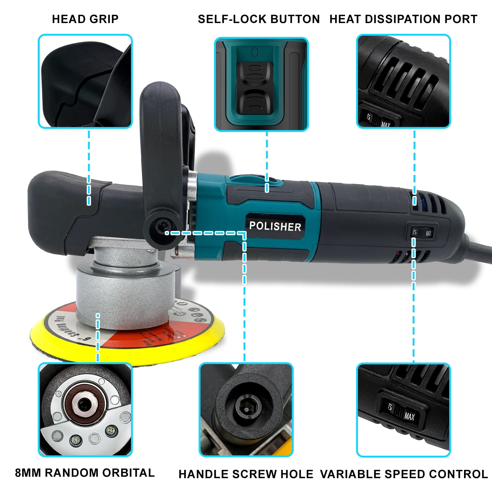 iMeshbean 6-Inch 800W Car Polisher, 6 Variable Speed 8mm Dual Action(DA) Random Orbit Car Buffer Polisher Sander with Handle, Car Detailing Waxer Kit, 4600RPM, Sanderpaper for Car Polishing&Waxing