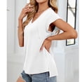 thumbnail image 3 of Mujeres de Verano Tops Nuevo Color Sólido Cuello en V Manga Corta con una Hendidura en el Doblado, Poliéster, 3 of 8