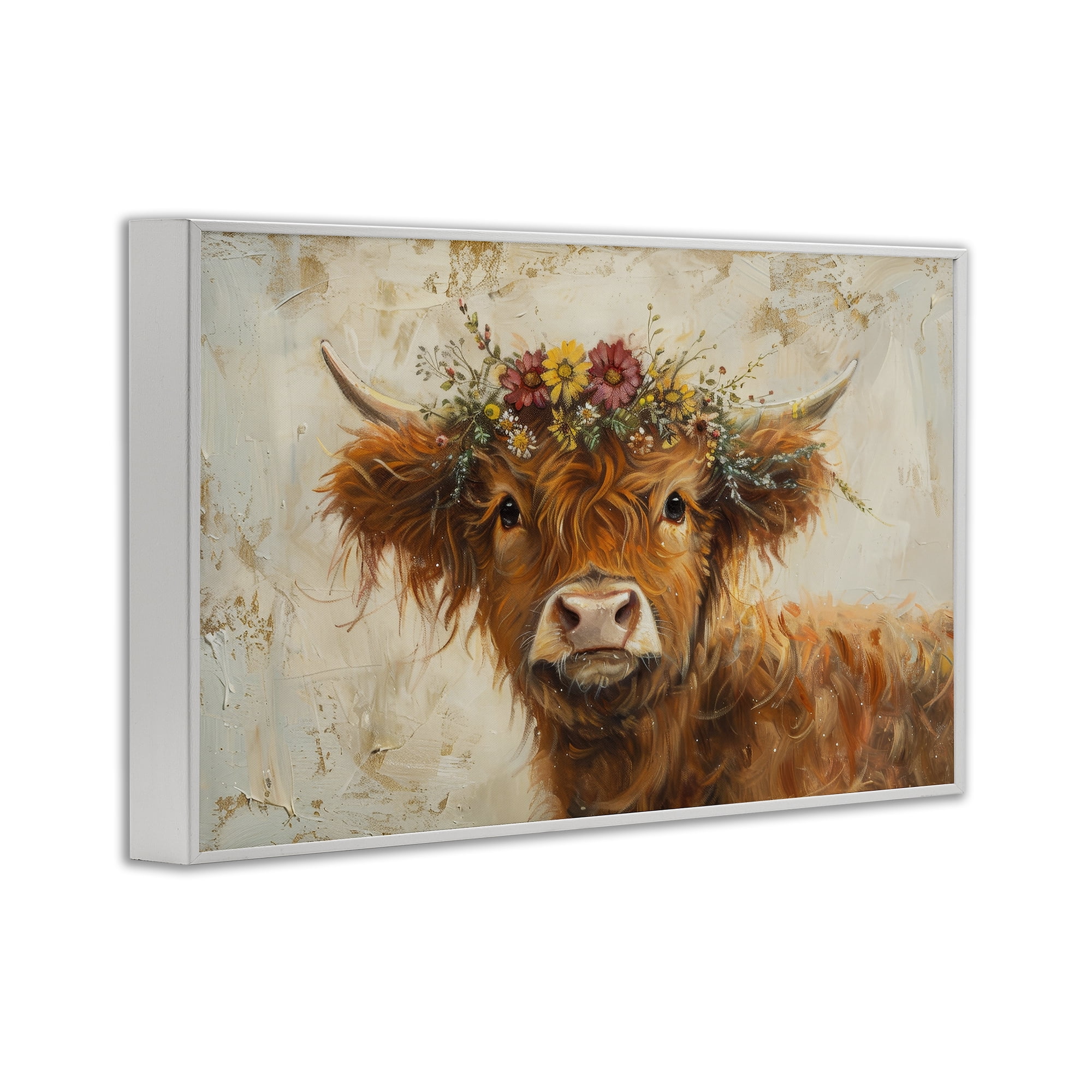 Stupell Industries Floral Crown Highland Animals & Insects Painting White Framed Art Print Wall Art, 24 x 16