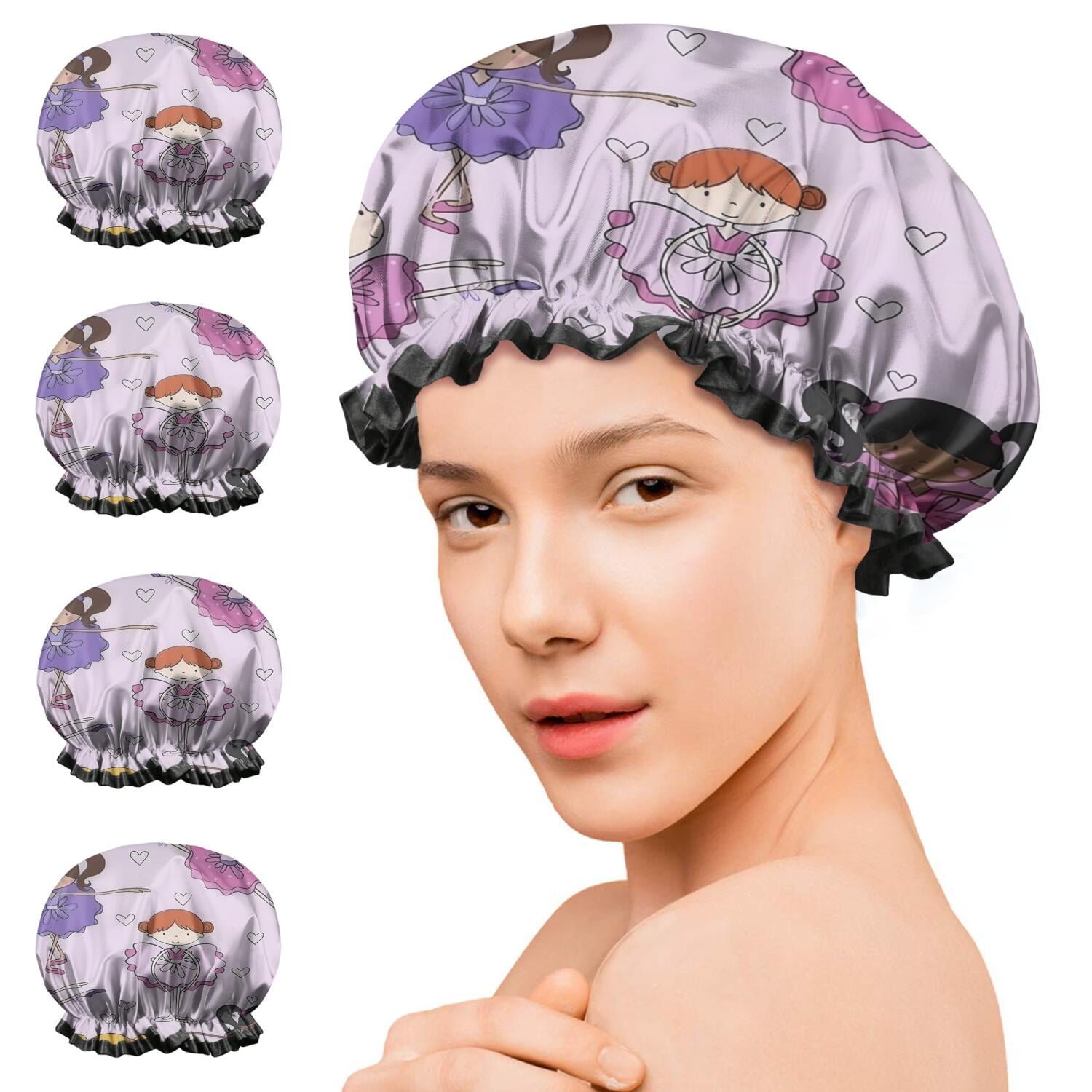 Shower Caps,Ballet Princess Girls Pattern Waterproof Shower Cap for Women 4 Pieces,Double Reusable Hair Cover for Shower PEVA Elastic Stretch Hem