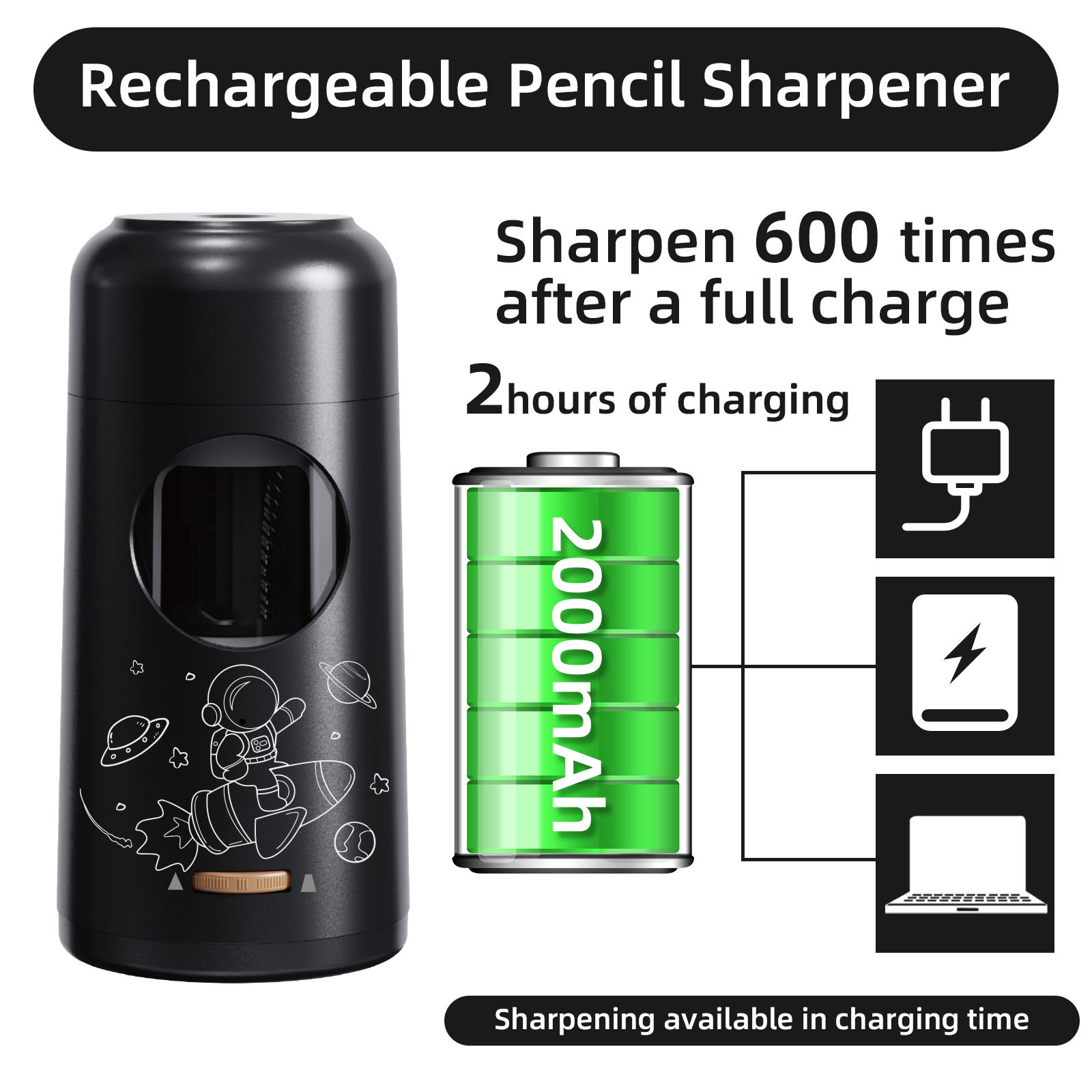 USB Automatic Electric Pencil Sharpener Auto Stop 3 Thickness Adjustable for 7-11.5mm Drawing Pencils ＆ Colored Pencils