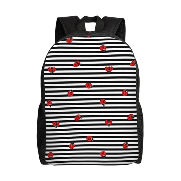 Balery Ladybugs on Black and White Striped Mochila - Mochila Estilosa y Duradera para Laptop de 15 Pulgadas con Tela Oxford Impermeable