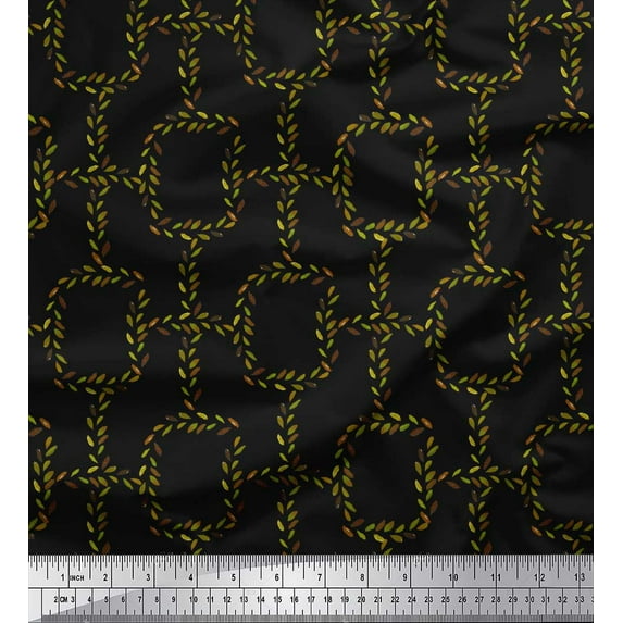 Soimoi Black Cotton Voile Fabric Leaves & Geometric Print Sewing Fabric Yard 56 Inch Wide