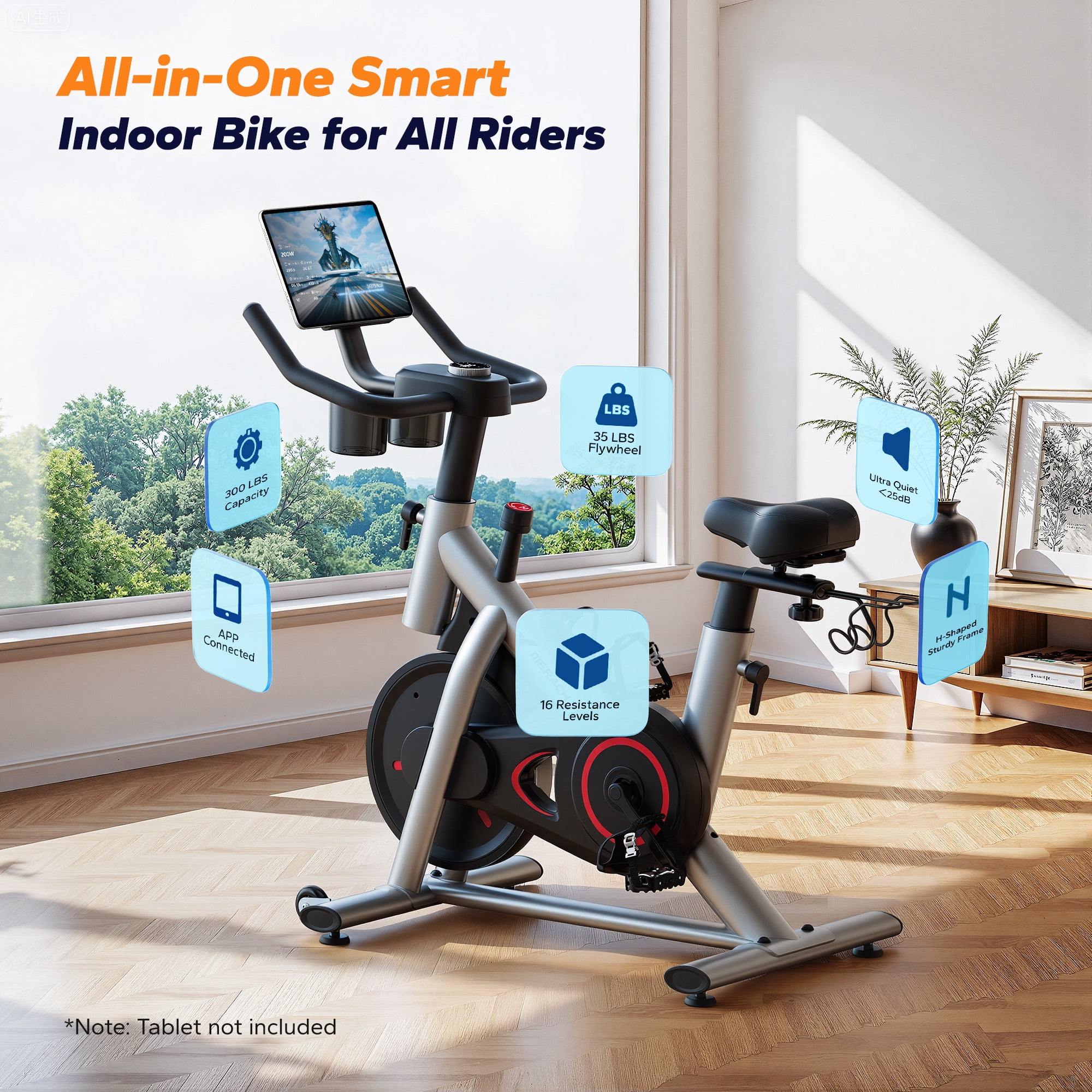 MERACH Exercise Bike, Brake Pad Stationary Bike with Exclusive App, Low Noise Indoor Cycling Bike with 300lbs Weight Capacity, Tablet Mount and Fitness Courses for Weight Loss