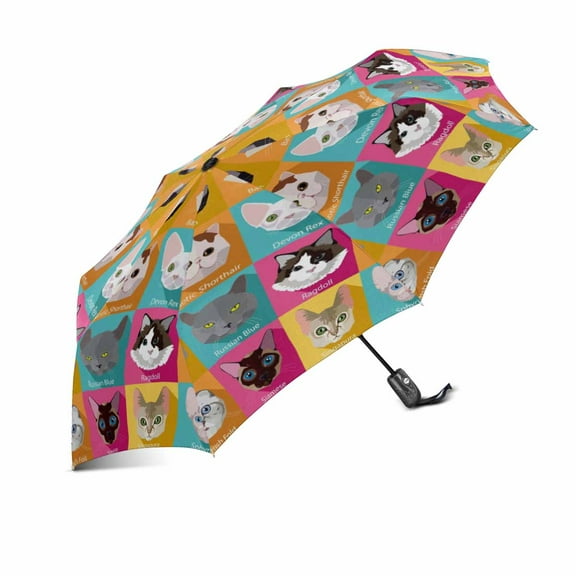 SUNENAT Funny Cat Collection Set of Popular Breeds of Cats Icons Automatic Foldable Umbrella, Windproof Lightweight Portable Outdoor Sun Umbrella with UV Protection