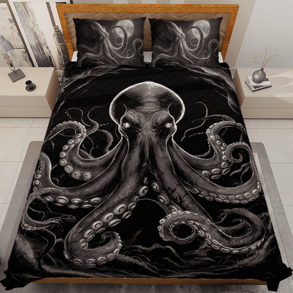 Lotusprinthandmade Octopus 3D Graphic Quilt Bedding Set (White Binding) 5 Sizes (Made in Vietnam) (55x60), Octopus Animal Quilt Bedding Set