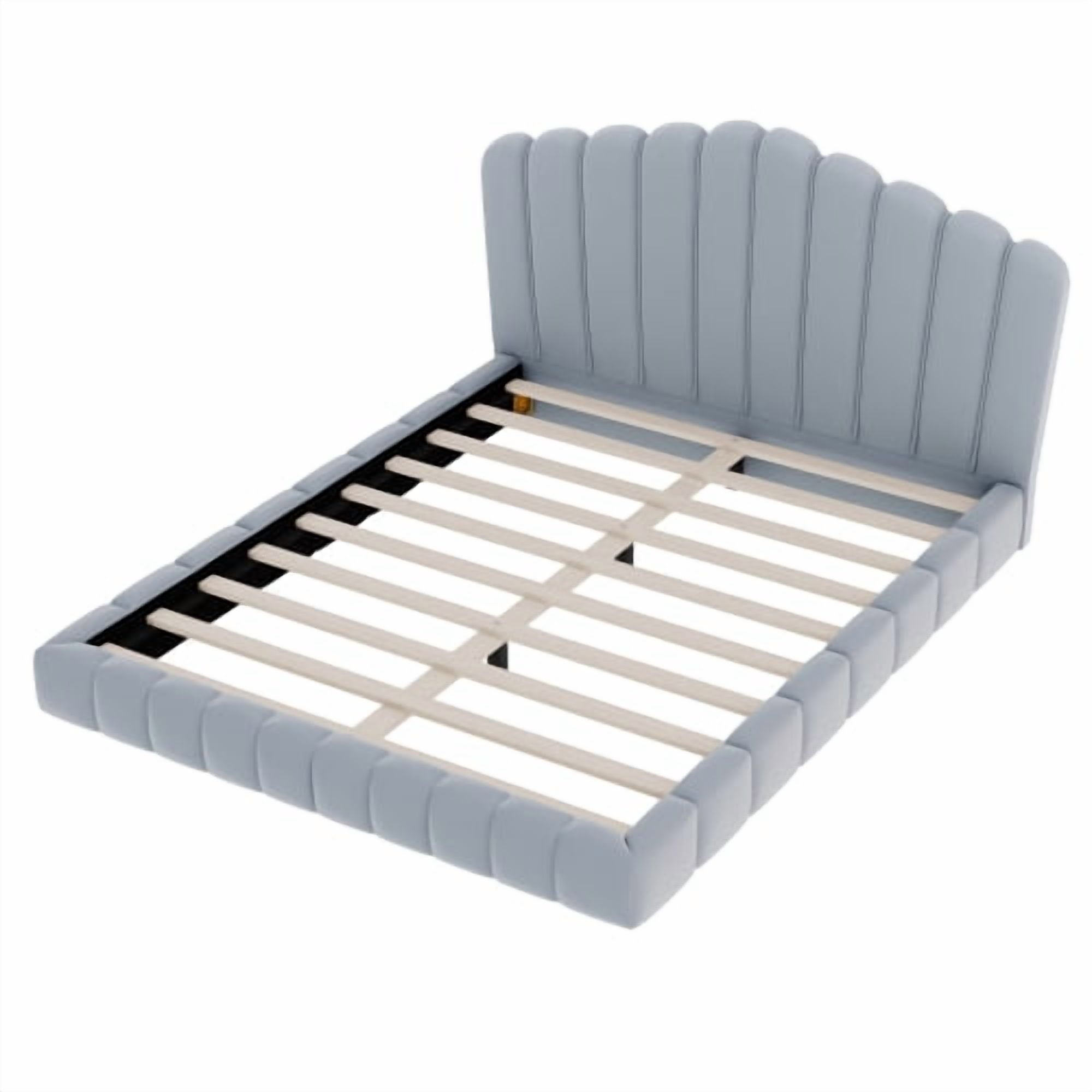 Velvet Upholstered Queen Floor Bed Frame with Shell-Shaped Headboard, No Box Spring Needed, Low Profile Platform Bed for Bedroom, Light Blue