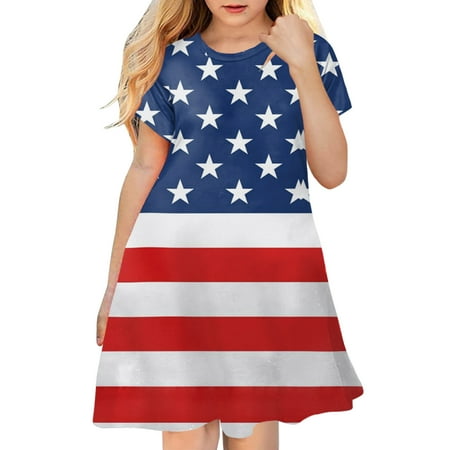 

Girls Dresses Toddler Kids Fourth Of July Independent Day Star Stripes Prints Short Sleeves Party Costome Princess Dress For 10-12 Years
