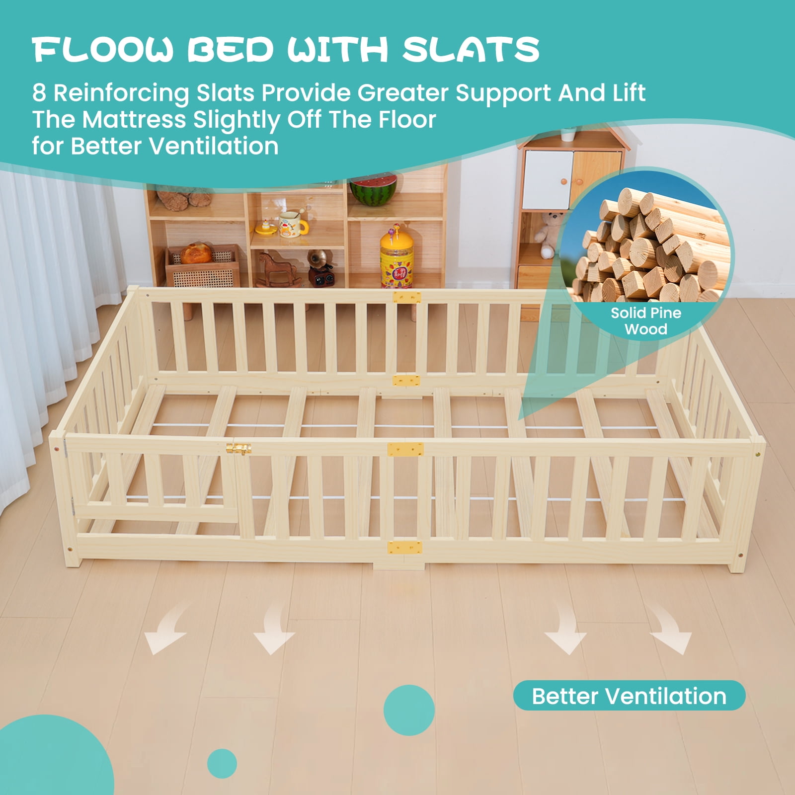 MOPHOTO Toddler Floor Bed,Montessori Floor Frame with Rails & Lockable Door,Twin Size Kid Beds for Toddlers 1-3 Years Old(Nature)