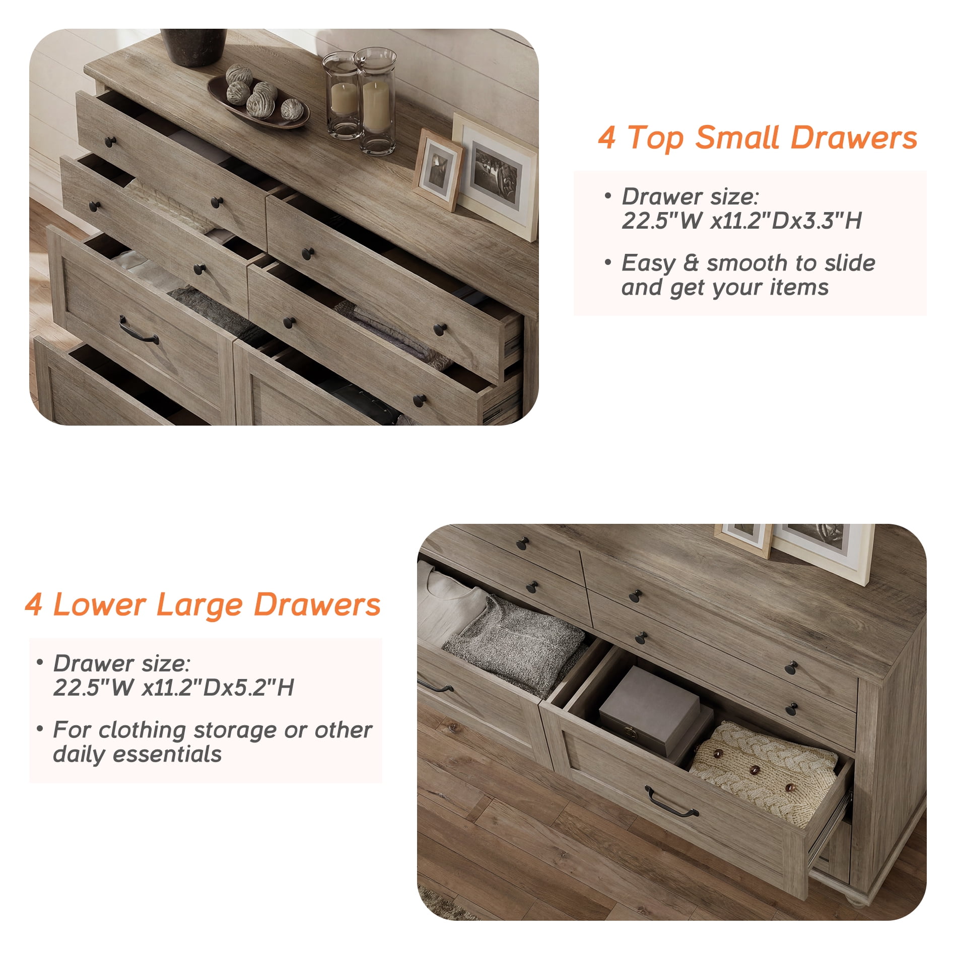 Mid Century Dresser with 8 Drawers, Wooden Kids Dresser for Kids Room Living Room, Grey
