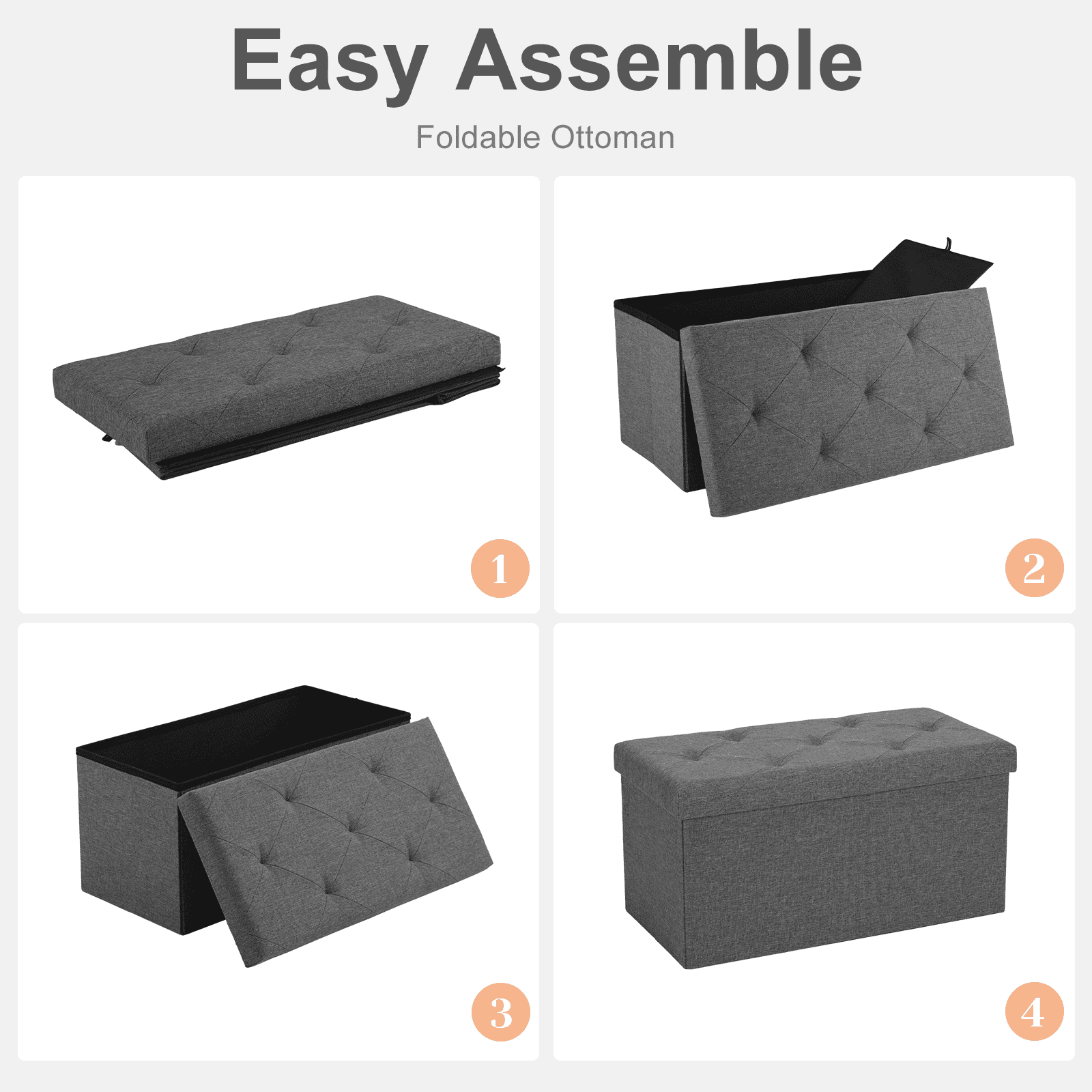 JOINSUN 30" Folding Storage Ottoman Bench, Linen material, Foot Rest Stool Storage Chest, Grey