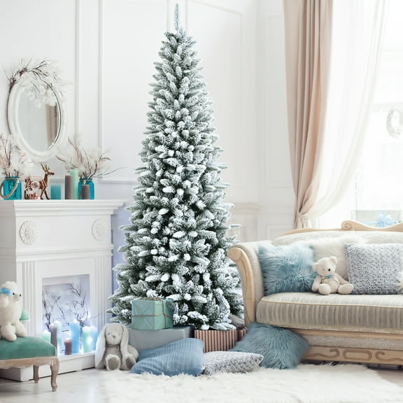 Gymax Green Snow Flocked Slim Pencil Unlit Artificial Christmas Tree, 7.5'