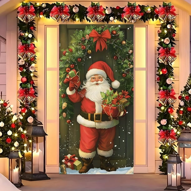 Cortina Navideña para Puerta con Diseño de Papá Noel | Decoración Festiva | Tela de Nailon | Tamaño: 180 X 90 Cm | Disponible