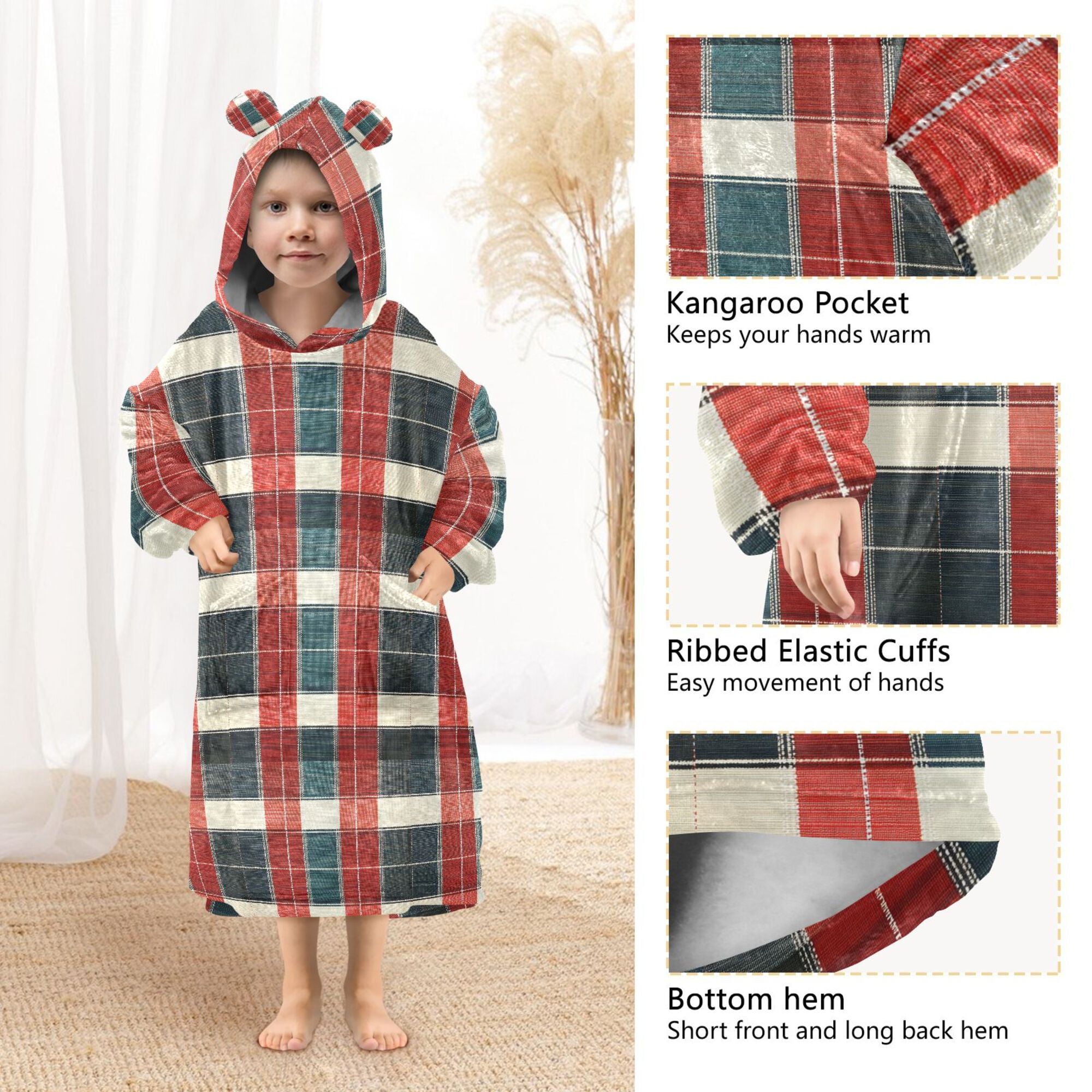 FORMRS Wearable Blanket Hoodie with Sleeves for Kids Cozy Flannel Sweatshirt, Vibrant Red Tartan Pattern