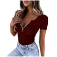 thumbnail image 3 of Fengqque Women's Knitted Rib T Shirt Half Zip V Neck Short Sleeve Casual Summer Slim Fit Top Wine XL(XL), 3 of 7