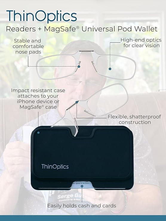 ThinOptics Readers with Wallet - Armless On-Nose Reading Glasses - Slim Wallet Attaches to Phone - MagSafe Compatible