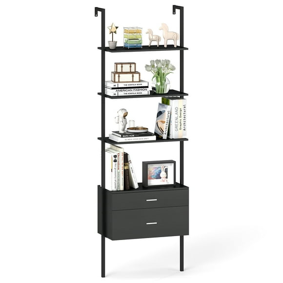 Gymax Ladder Bookshelf w/ Storage Wall Mount Bookcase w/ 4 Open Shelves Black