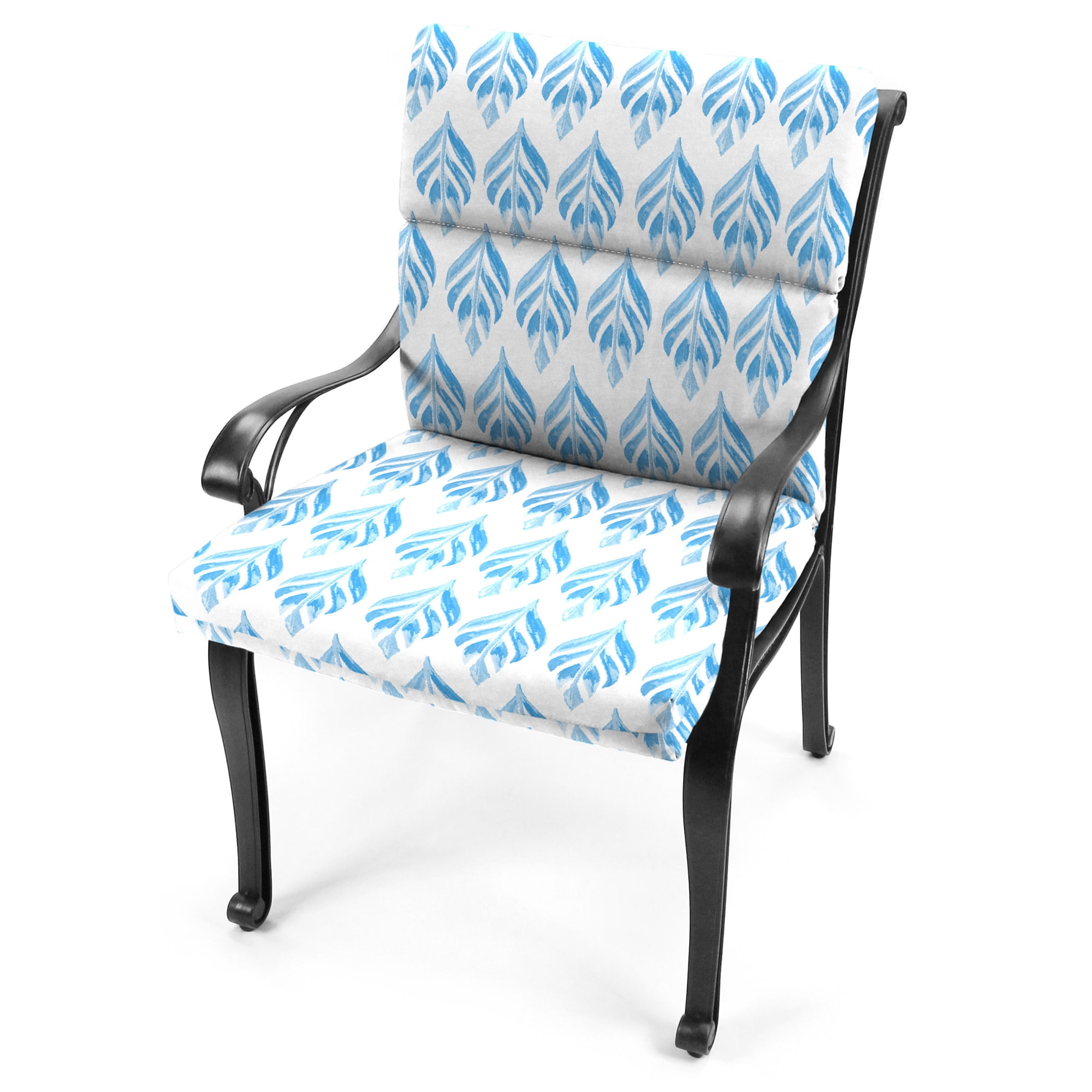 Jordan Manufacturing 44" x 22" Marvel Azure Blue Leaves Rectangular Outdoor Chair Cushion with Ties and Hanger Loop