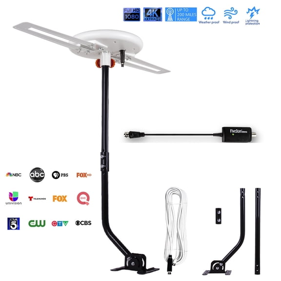 [FiveStar] Omni Digital TV Antenna FSA 5818 – 360° Amplified Reception, 200-Mile Range, 4K/1080P HDTV for Indoor/Outdoor, RV & Marine
