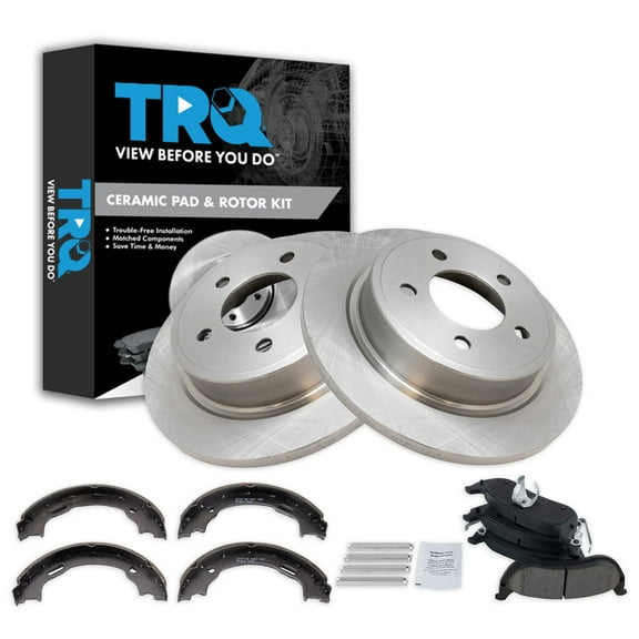 TRQ Rear Brake Pad & Rotor Kit Brake Pads Brake Rotor Parking Brake Shoe Set Ceramic Fits Select 2004-2008 Chrysler Pacifica