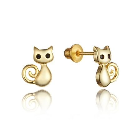 14k Gold Plated Brass Cat Cubic Zirconia Screwback Baby Girls Earrings with Sterling Silver Post
