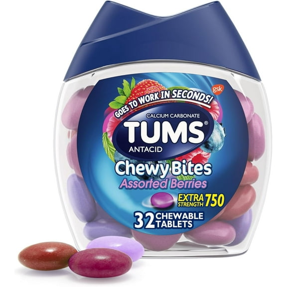 TUMS Chewy Bites Antacid Tablets for Chewable Heartburn & Acid Indigestion Relief, Assorted Berries, 32 Count