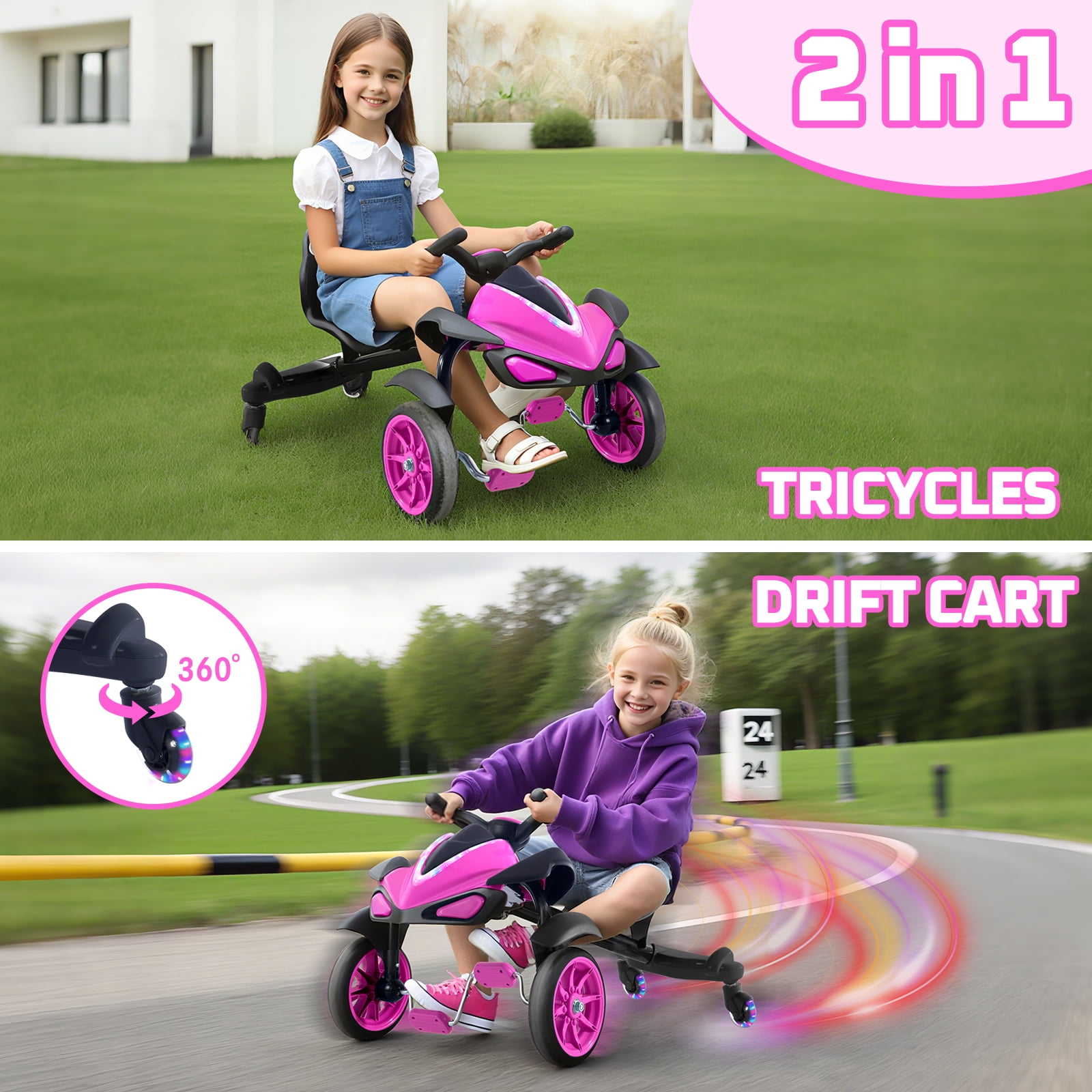 Sumsoltic 2-in-1 Kids Drift Bike - Crazy Drift Cart for Toddlers and 3-5 Years Old Kids,Pink
