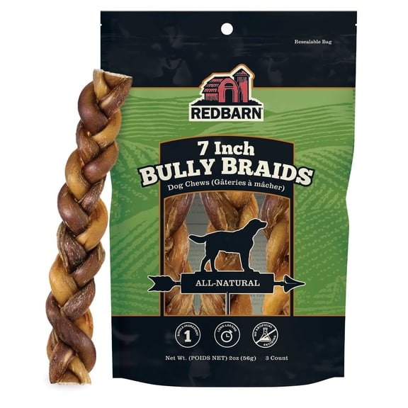Redbarn All-Natural 7" Braided Bully Sticks for Dogs, 3 Count