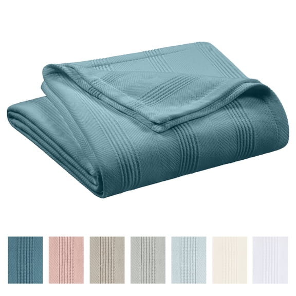 Lightweight Breathable 100% Cotton Knit Blanket All-Season Bed Blanket King Size Blue