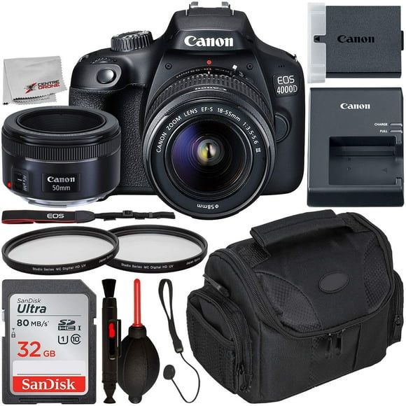 Canon EOS 4000D DSLR Camera with 18-55mm III & 50mm f/1.8 STM Lens & Starter Accessory Bundle ? Includes: SanDisk Ultra 32GB SDHC Memory Card + Camera Carrying Case + 2X Ultraviolet Filter + More