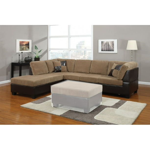 Modern Contemporary Sectional Light Brown Corduroy Sofa Chaise Espresso