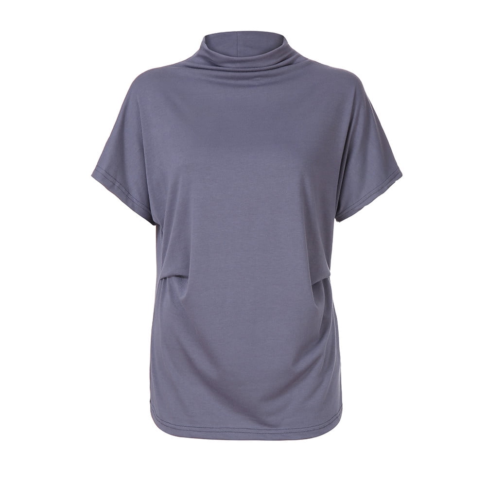 Women Blouse Women Turtleneck Short Sleeve Cotton Solid Casual Blouse Top T Shirt Plus Size 