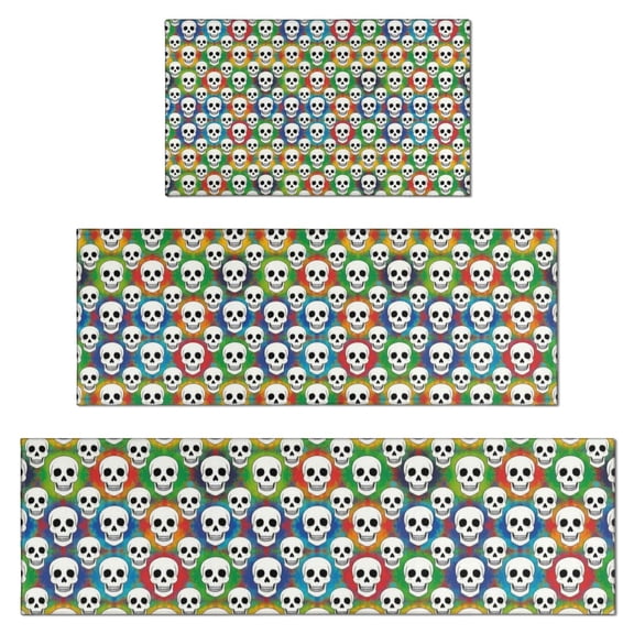 Colorful Skull Pattern Kitchen Rugs Sets Of 3,Kitchen Runner Rugs Non Skid Washable,Decorative Kitchen Floor Mats for Kitchen,Sink,Laundry,17"x30"  17"x47"   17"x59"