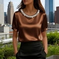thumbnail image 2 of Krdevn Women Satin Pearl Collar Blouse, Short Puff Sleeve Solid Elegant Slim Fit Shirt for Office Work,Coffee, 2 of 5
