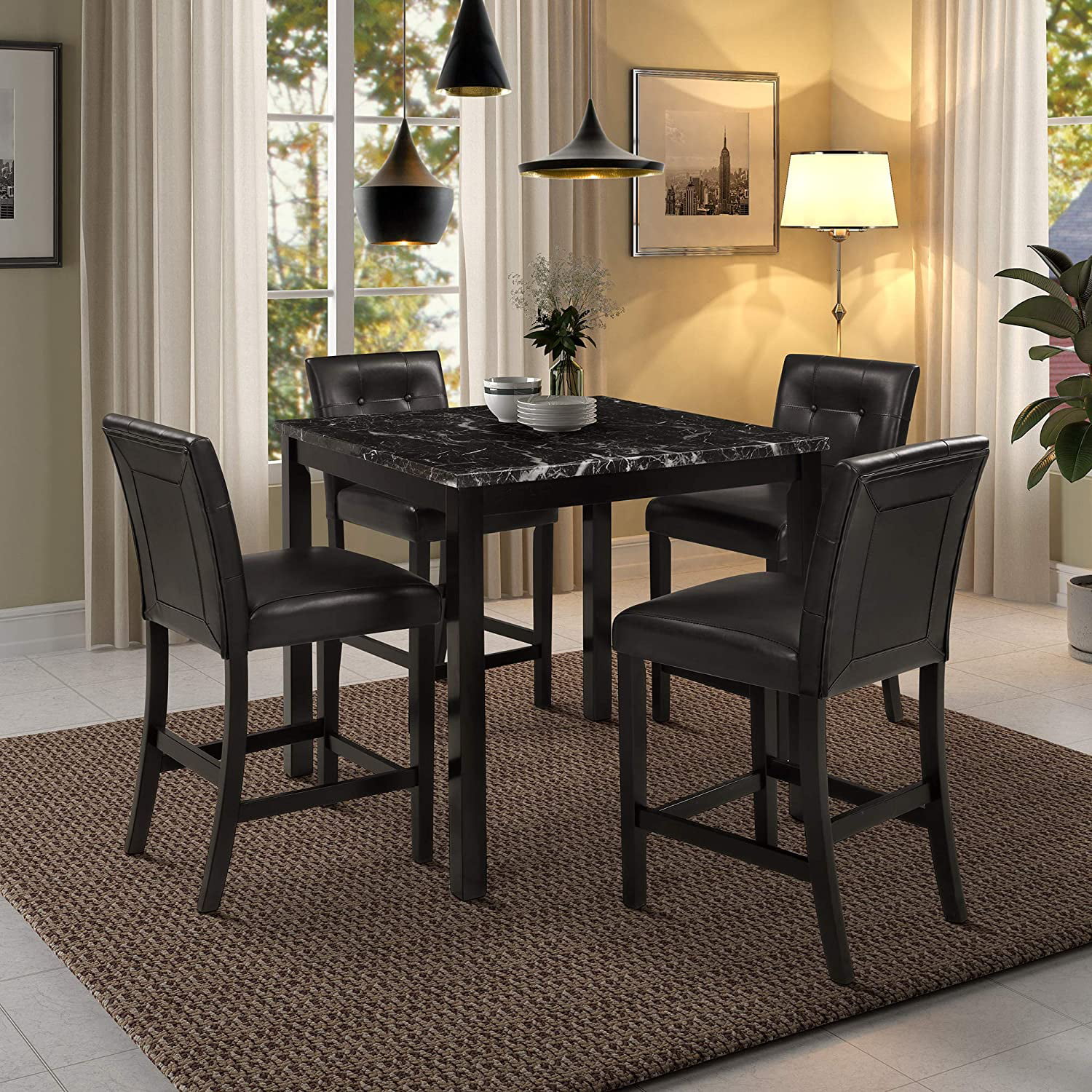 5 Piece Kitchen Table Set Faux Marble, Black High Top Kitchen Table And Chairs
