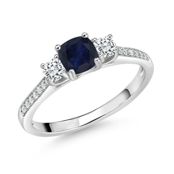 Gem Stone King 925 Sterling Silver Cushion Blue Sapphire and White Moissanite 3 Stone Engagement Ring for Women (1.03 Cttw, Gemstone September Birthstone, Available in Size 5, 6, 7, 8, 9)