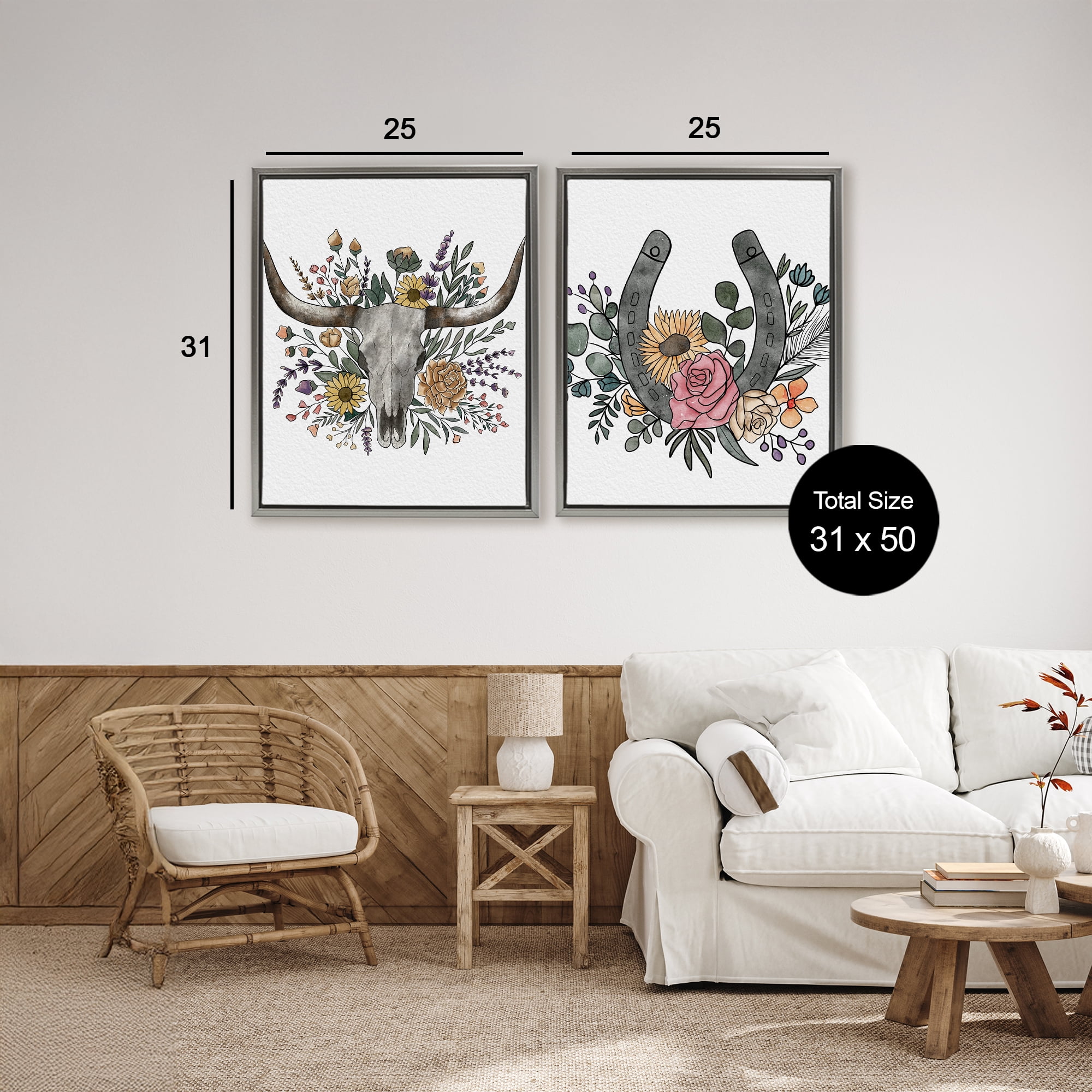 Stupell Industries Boho Longhorn & Horseshoe 2 Piece Gray Framed Floater Canvas Set, design by Alisha Kiara Design