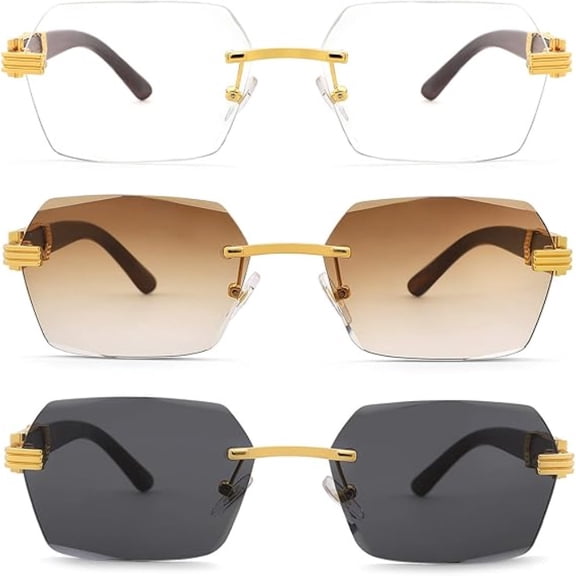 3 Pair Retro Y2K Rimless Square Sunglasses, Lightweight Frameless Design & HD UV400 Protection, Rectangle Sun Glasses for Daily Driving and Holiday