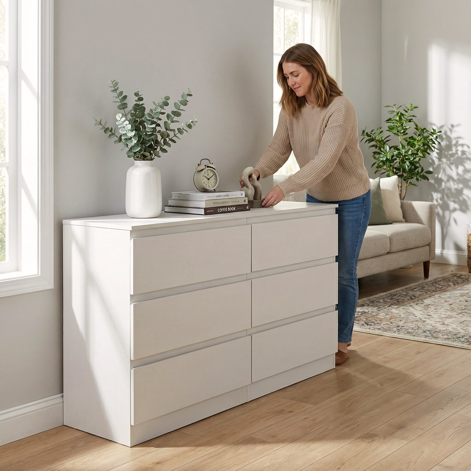 Miniyam White 6 Drawer Dresser for Bedroom, Wood Chest of Drawers Storage Cabinet with Hidden Pull Design for Living Room, Entryway, Hallway