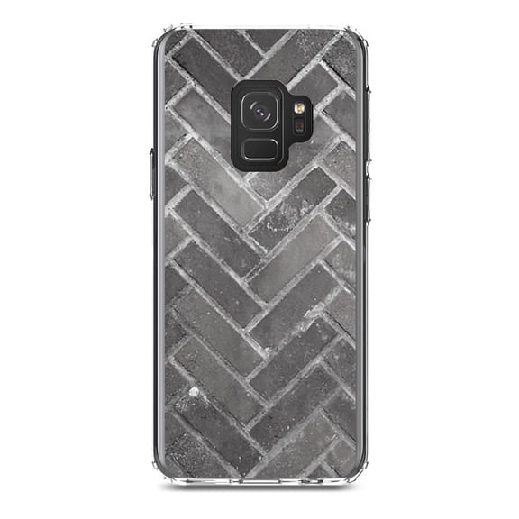 DistinctInk Clear Shockproof Hybrid Case for Samsung Galaxy S9 (5.8" Screen) - TPU Bumper, Acrylic Back, Tempered Glass Screen Protector - Herringbone Brick Floor
