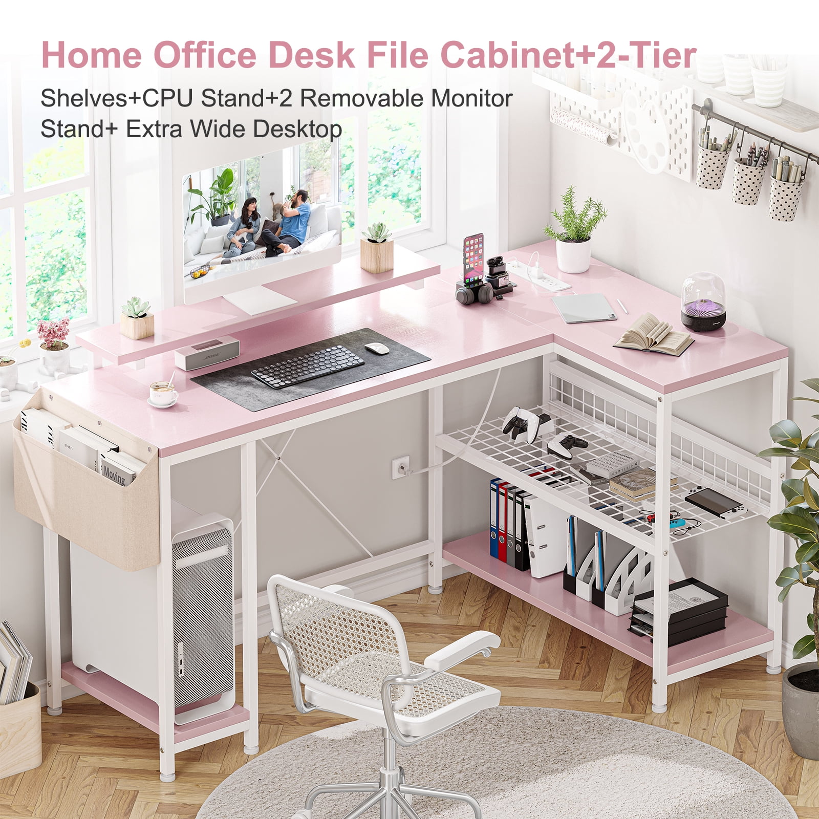 L Shaped Desk, Computer Gaming Desk with Power Outlet & Led Light, Reversible Corner Desk with Monitor Stand & Storage Shelves, Storage Bag for Home Office