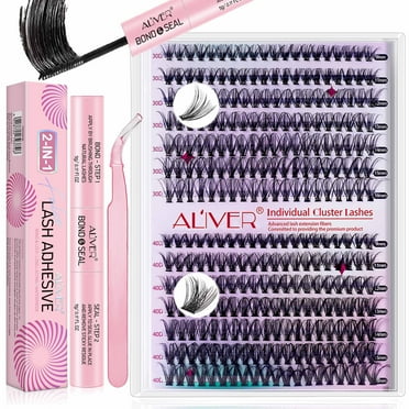 ALIVER Eyelash Extensions Kit, 280pcs 30D 40D Individual Lashes Clusters 9-16MM with Adhesive and Pink Tweezers