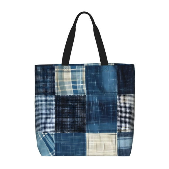 Hirioo Indigo Patchwork Quilt for Tote Bag for Women, Quilted Shoulder Bag with Zipper, Large Capacity Handbags for Casual, Travel, Work