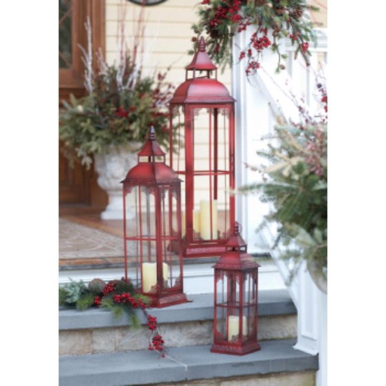Set of 3 Red Metal & Glass Pillar Candle Lanterns 19.75 - 37"