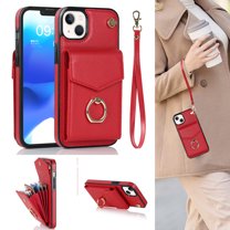 Feishell Compatible for iPhone 13 Wallet Case with Detachable Wrist Strap Handbag RFID Blocking Shield Protective Case, Card Slots Magnetic Kickstand Finger Ring Holder Shockproof Cover,Red