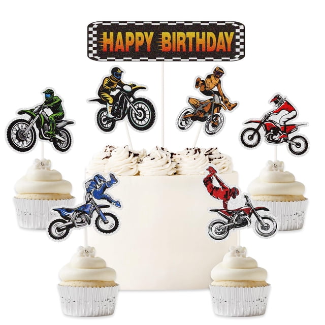 Set de decoración para tartas en moto, fiesta de feliz cumpleaños, 7 unidades