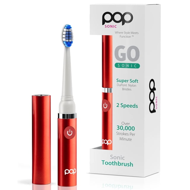 Cepillo de dientes eléctrico Pop Sonic (rojo metálico) - Cepillos de dientes de viaje con batería AAA | Cepillos de dientes eléctricos para niños con 2 velocidades y 15.000-30.000 movimientos/minuto,